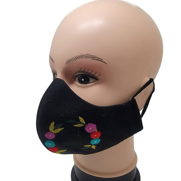 New Cover Face ear loop Women's Black Multi Mask Embroidered handmade flower rin - Picture 1 of 6